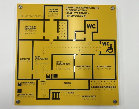 Жовта тактильна мнемосхема приміщення з планом кімнат, підписами шрифтом Брайля та позначеннями WC